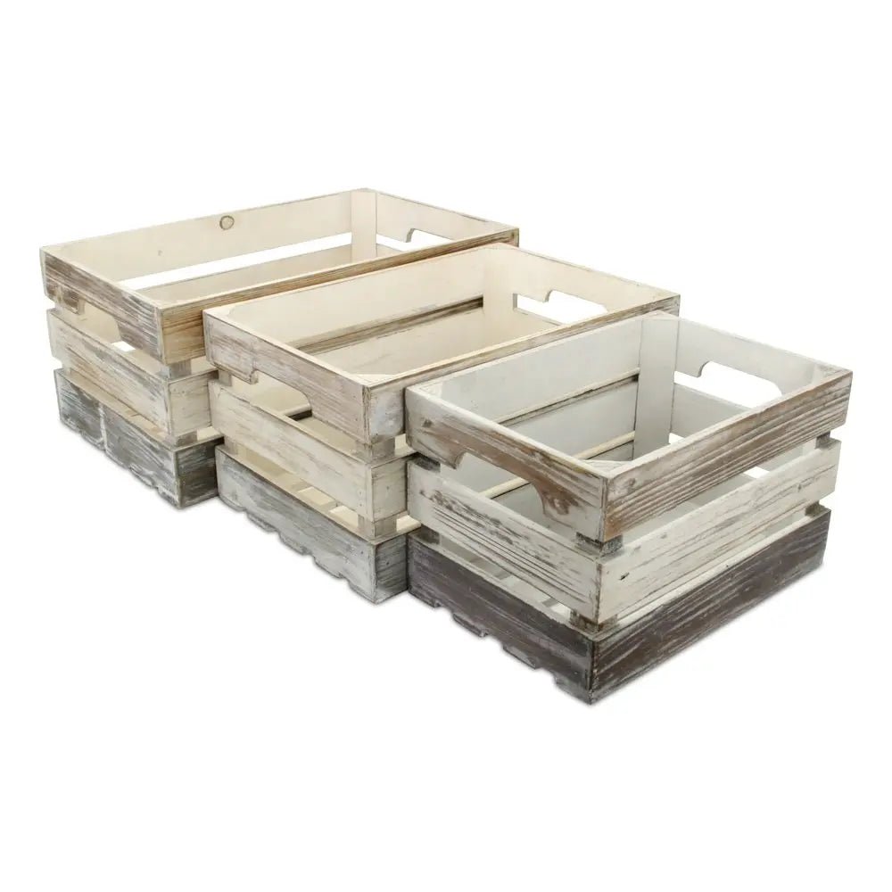 Set of Three Black Off White And Walnut Solid Wood Crate - NOBLE HOME INTERIORS