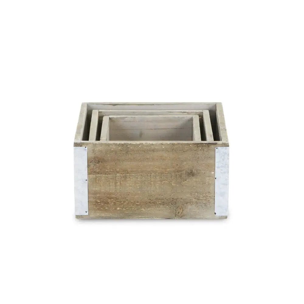 Set of Three Brown Solid Wood And Metal Crate - NOBLE HOME INTERIORS