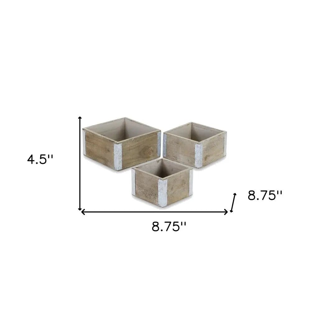Set of Three Brown Solid Wood And Metal Crate - NOBLE HOME INTERIORS