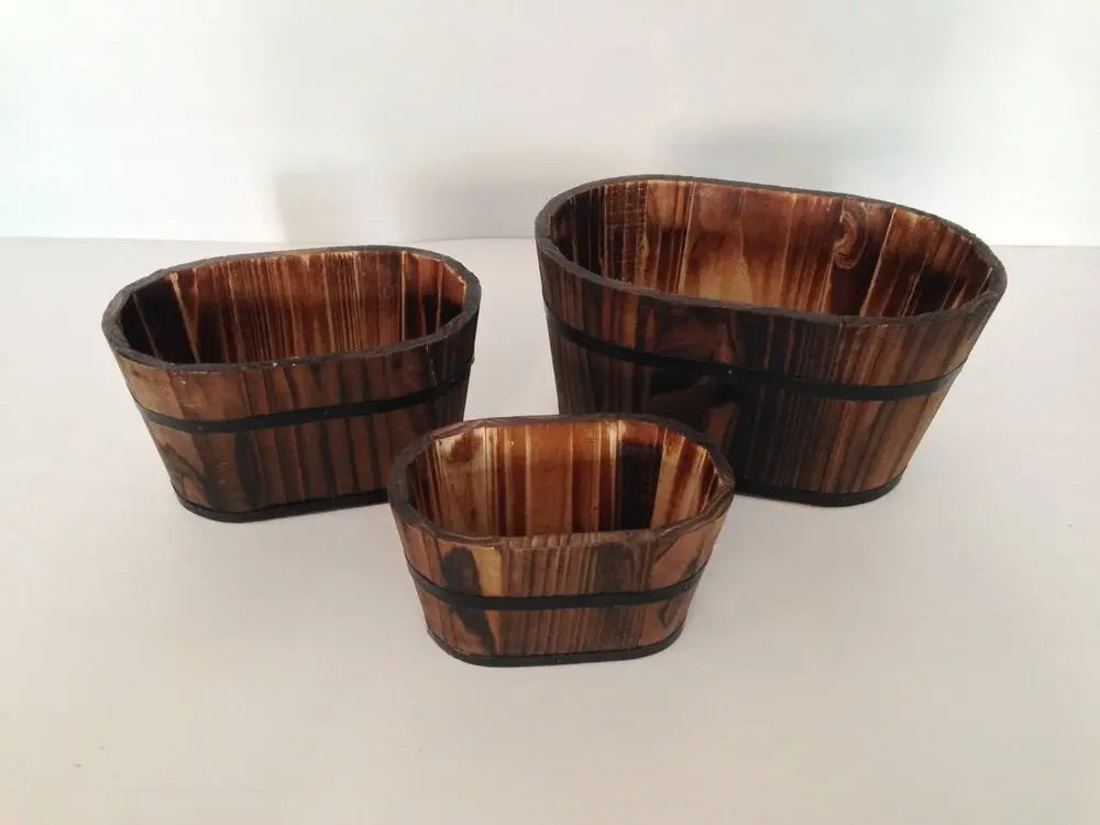 Set of Three Brown Solid Wood Rectangular Pot Planter - NOBLE HOME INTERIORS