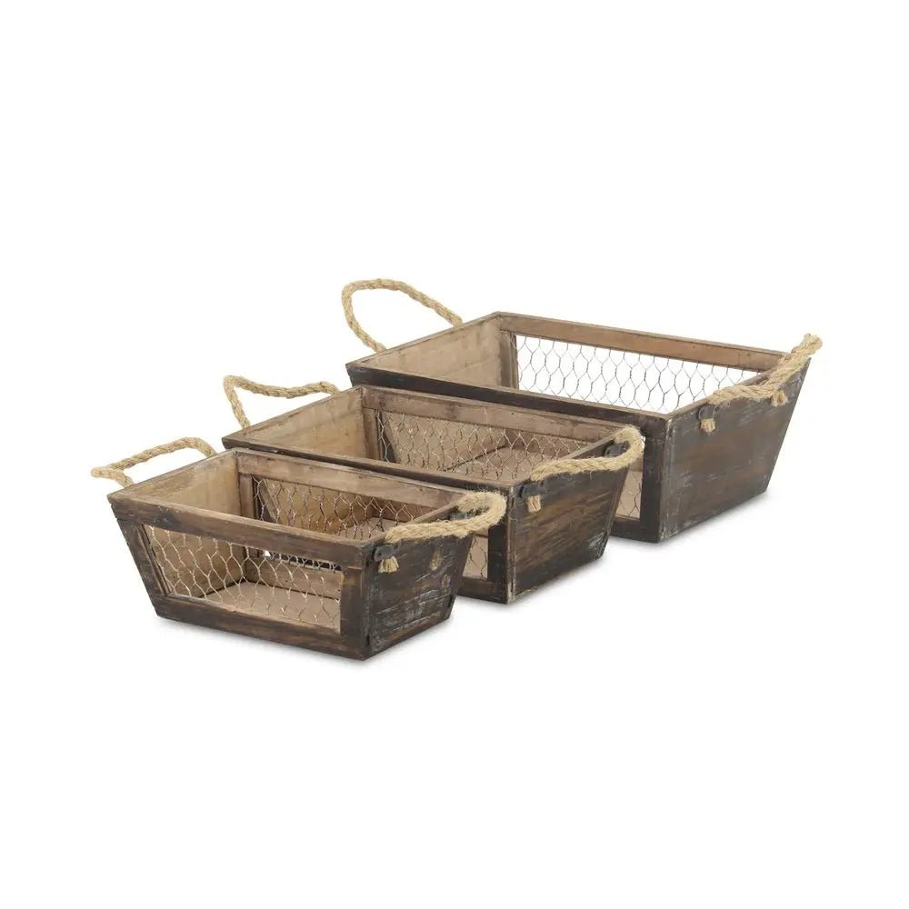 Set of Three Dark Brown Solid Wood And Metal Crate - NOBLE HOME INTERIORS