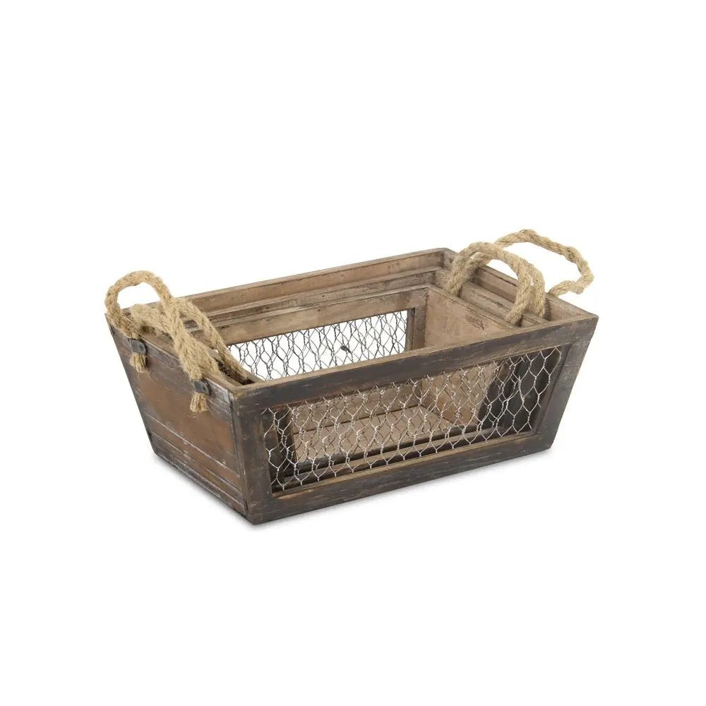 Set of Three Dark Brown Solid Wood And Metal Crate - NOBLE HOME INTERIORS