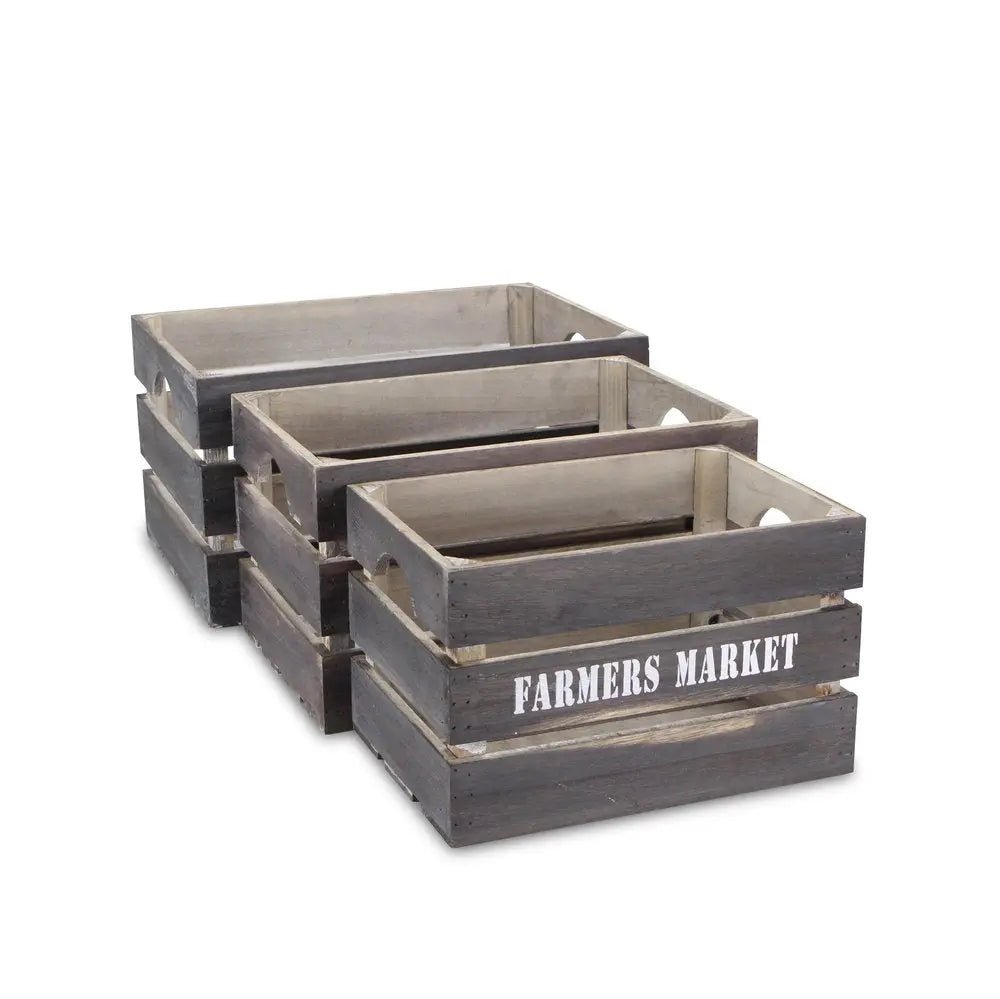 Set of Three Dark Brown Solid Wood Crate - NOBLE HOME INTERIORS