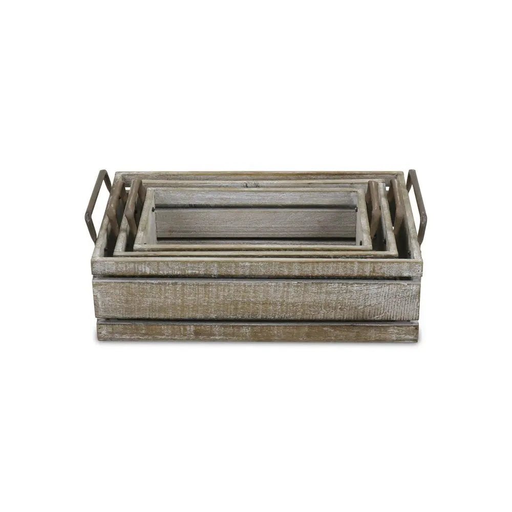 Set of Three Gray Solid Wood And Metal Crate - NOBLE HOME INTERIORS