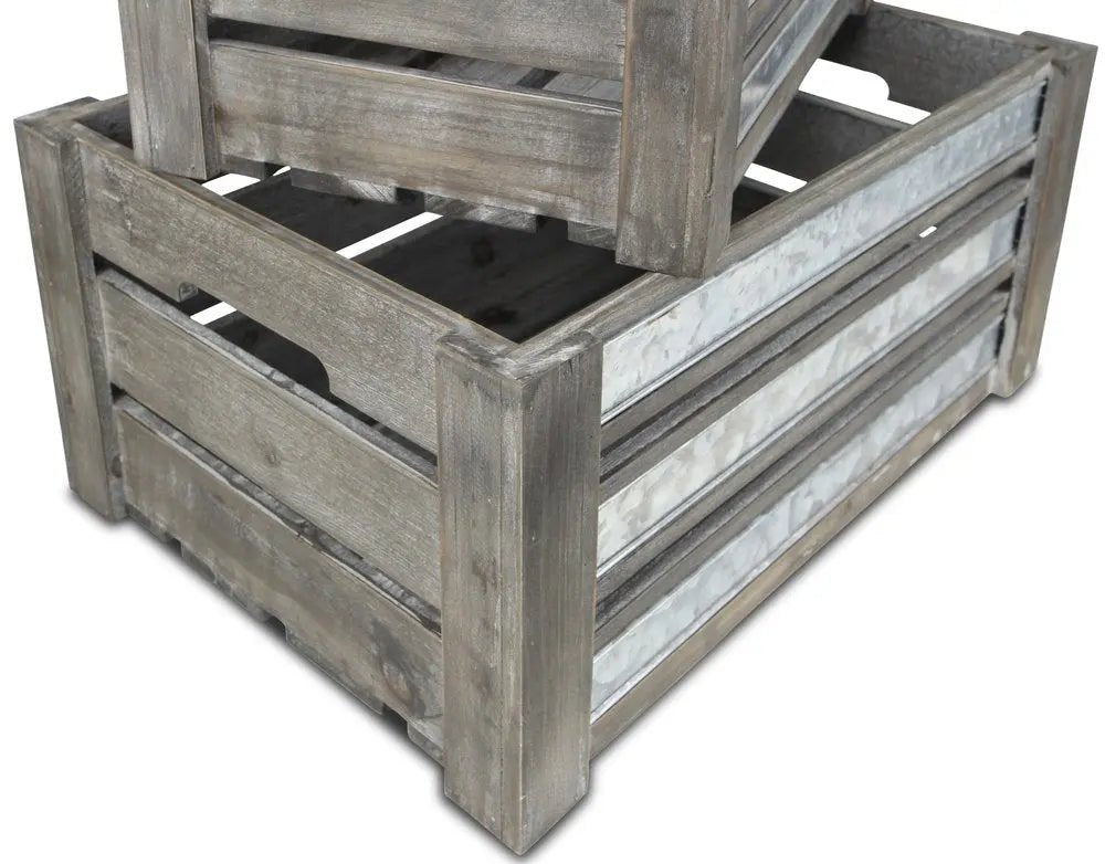 Set of Three Gray Solid Wood And Metal Crate - NOBLE HOME INTERIORS