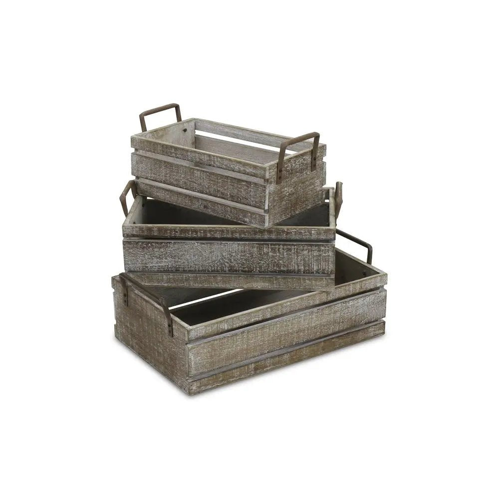 Set of Three Gray Solid Wood And Metal Crate - NOBLE HOME INTERIORS