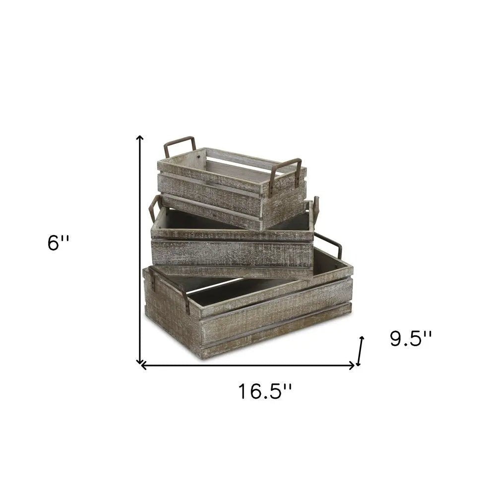 Set of Three Gray Solid Wood And Metal Crate - NOBLE HOME INTERIORS