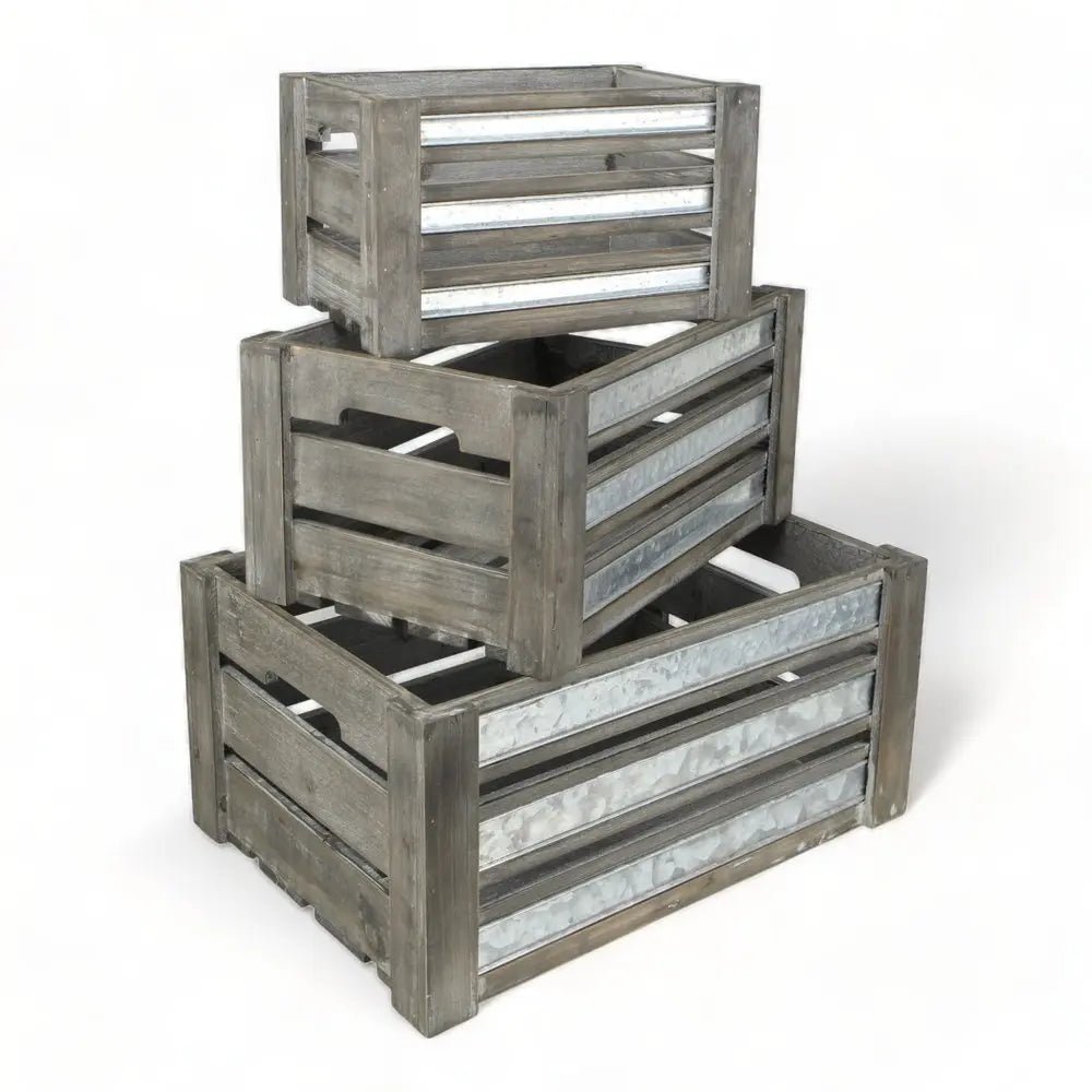Set of Three Gray Solid Wood And Metal Crate - NOBLE HOME INTERIORS