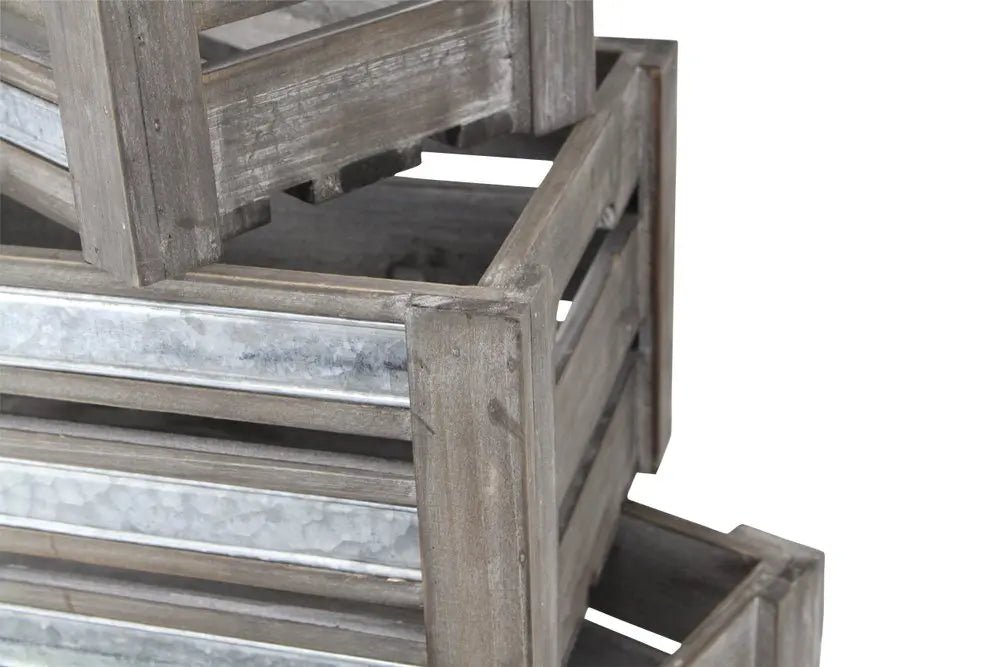 Set of Three Gray Solid Wood And Metal Crate - NOBLE HOME INTERIORS