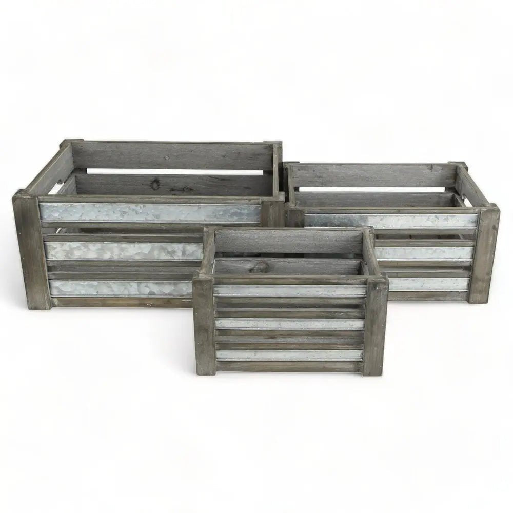 Set of Three Gray Solid Wood And Metal Crate - NOBLE HOME INTERIORS
