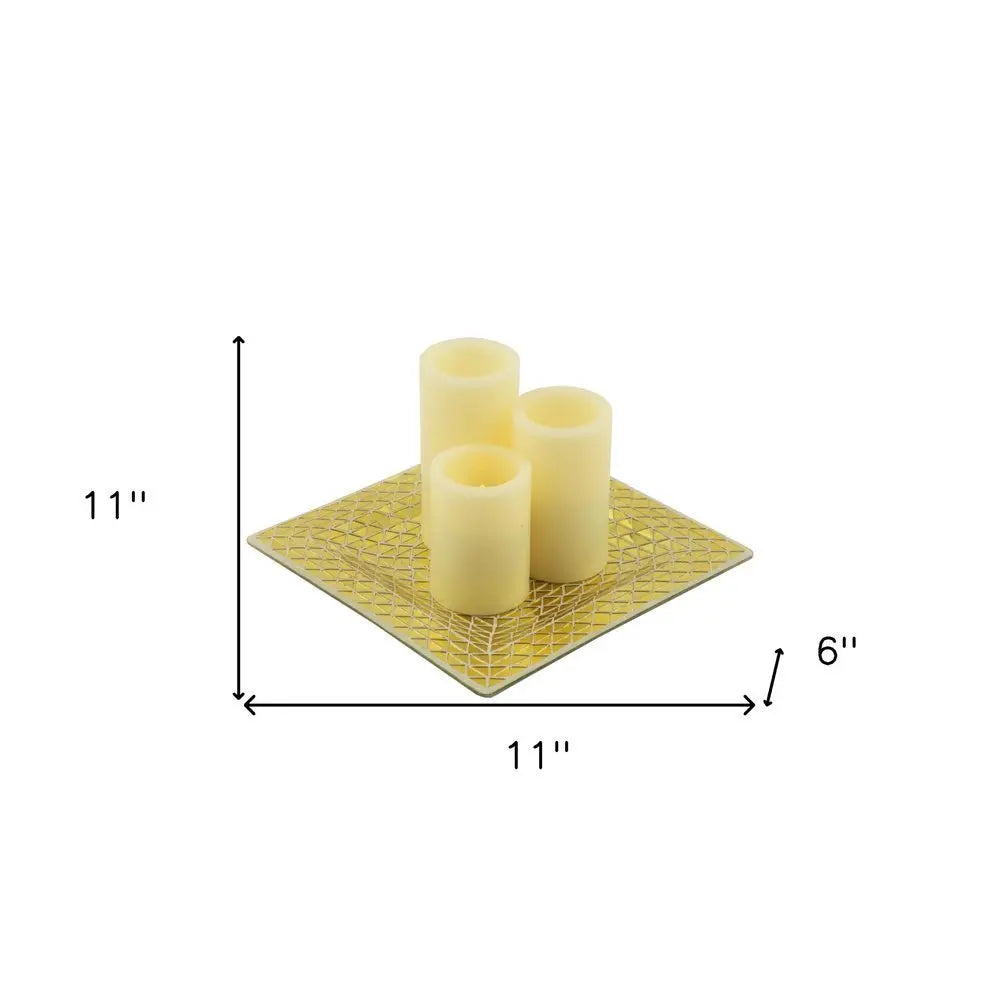 Set of Three Ivory Flameless Pillar Candles With Gold Holder - NOBLE HOME INTERIORS