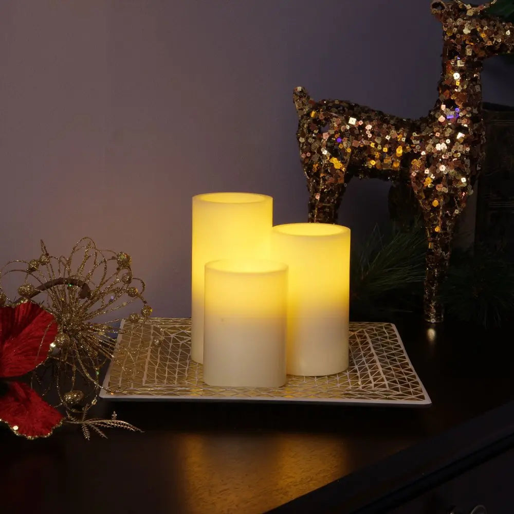 Set of Three Ivory Flameless Pillar Candles With Gold Holder - NOBLE HOME INTERIORS