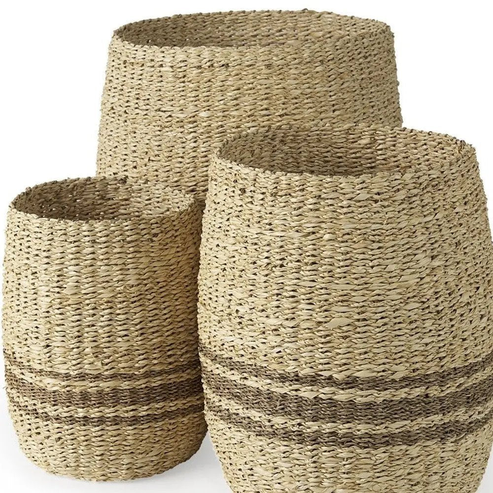 Set of Three Natural And Brown Wicker Basket - NOBLE HOME INTERIORS