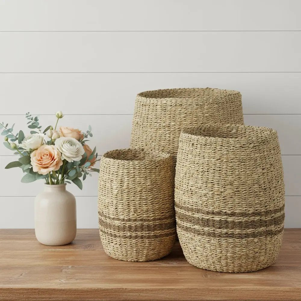 Set of Three Natural And Brown Wicker Basket - NOBLE HOME INTERIORS
