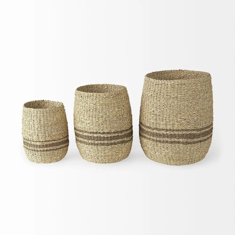 Set of Three Natural And Brown Wicker Basket - NOBLE HOME INTERIORS