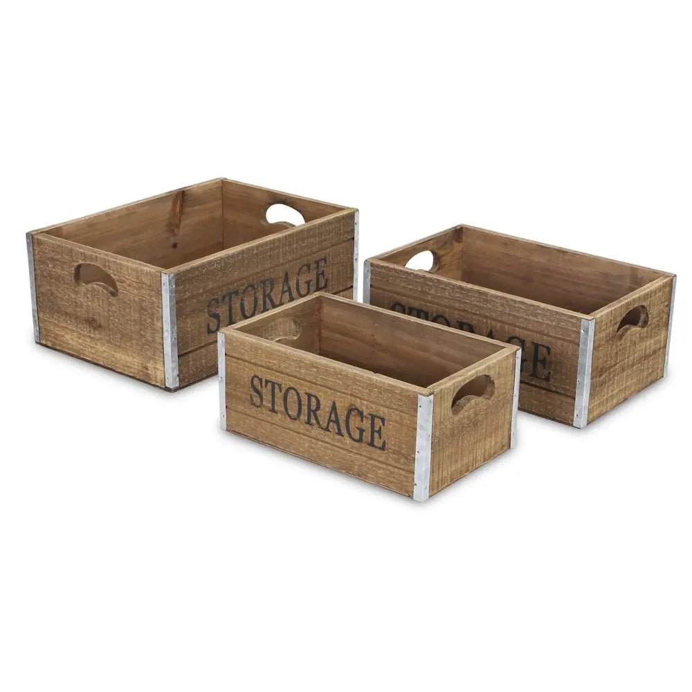 Set of Three Natural Solid Wood And Metal Crate - NOBLE HOME INTERIORS
