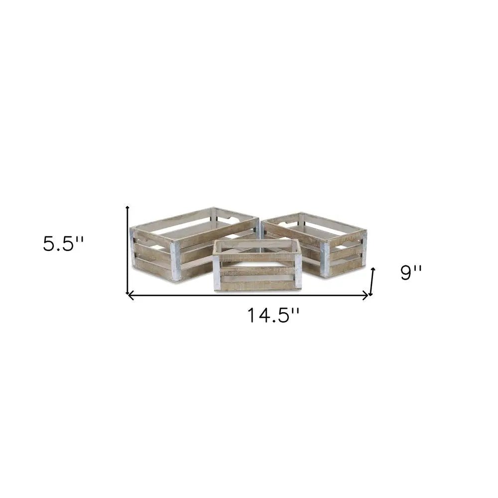 Set of Three Natural Solid Wood And Metal Crate - NOBLE HOME INTERIORS