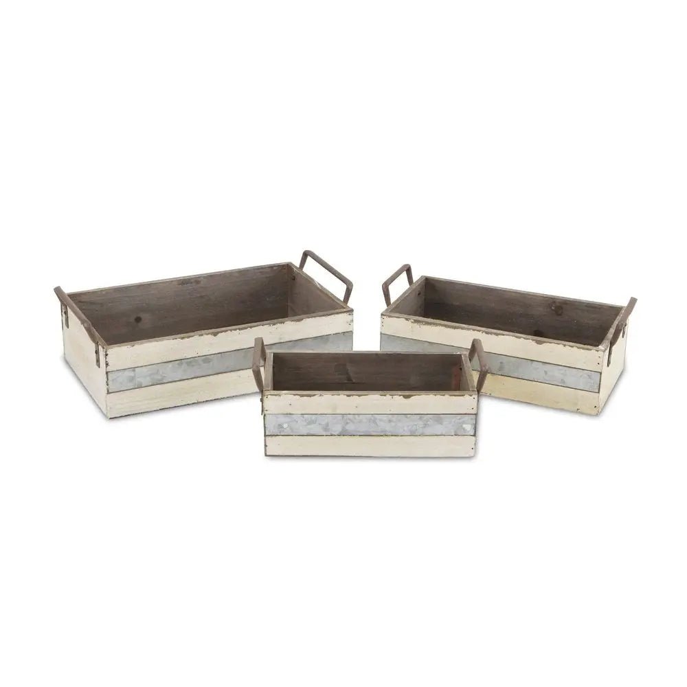 Set of Three Off White Solid Wood And Metal Crate - NOBLE HOME INTERIORS