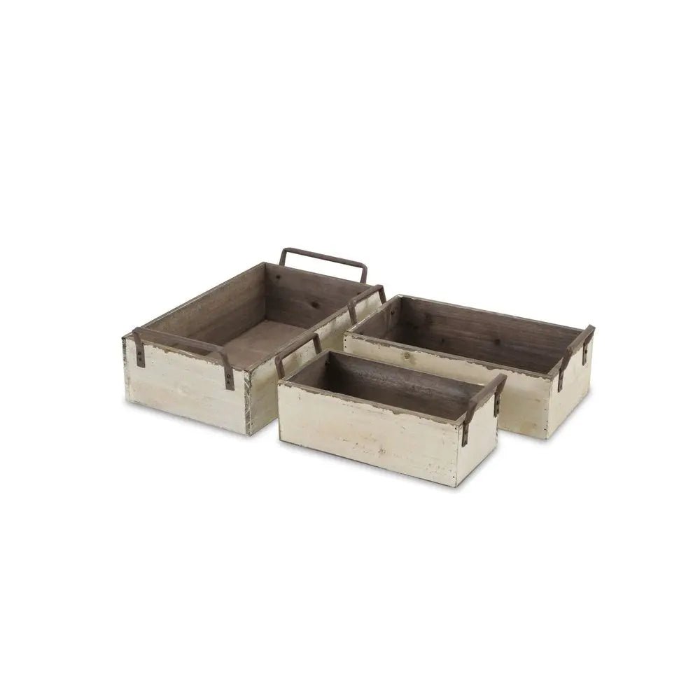 Set of Three Off White Solid Wood And Metal Crate - NOBLE HOME INTERIORS