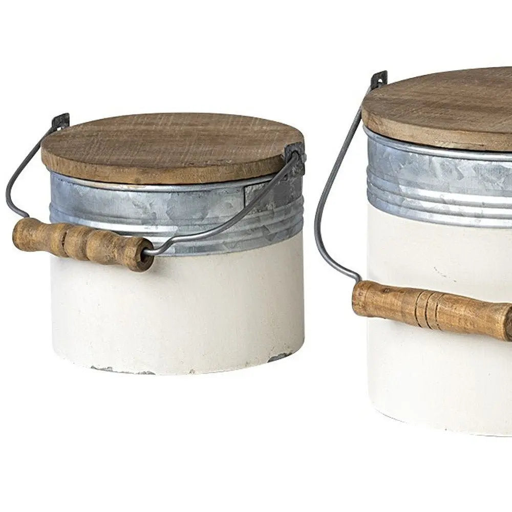 Set Of Three Rustic White Metal Storage Cans - NOBLE HOME INTERIORS