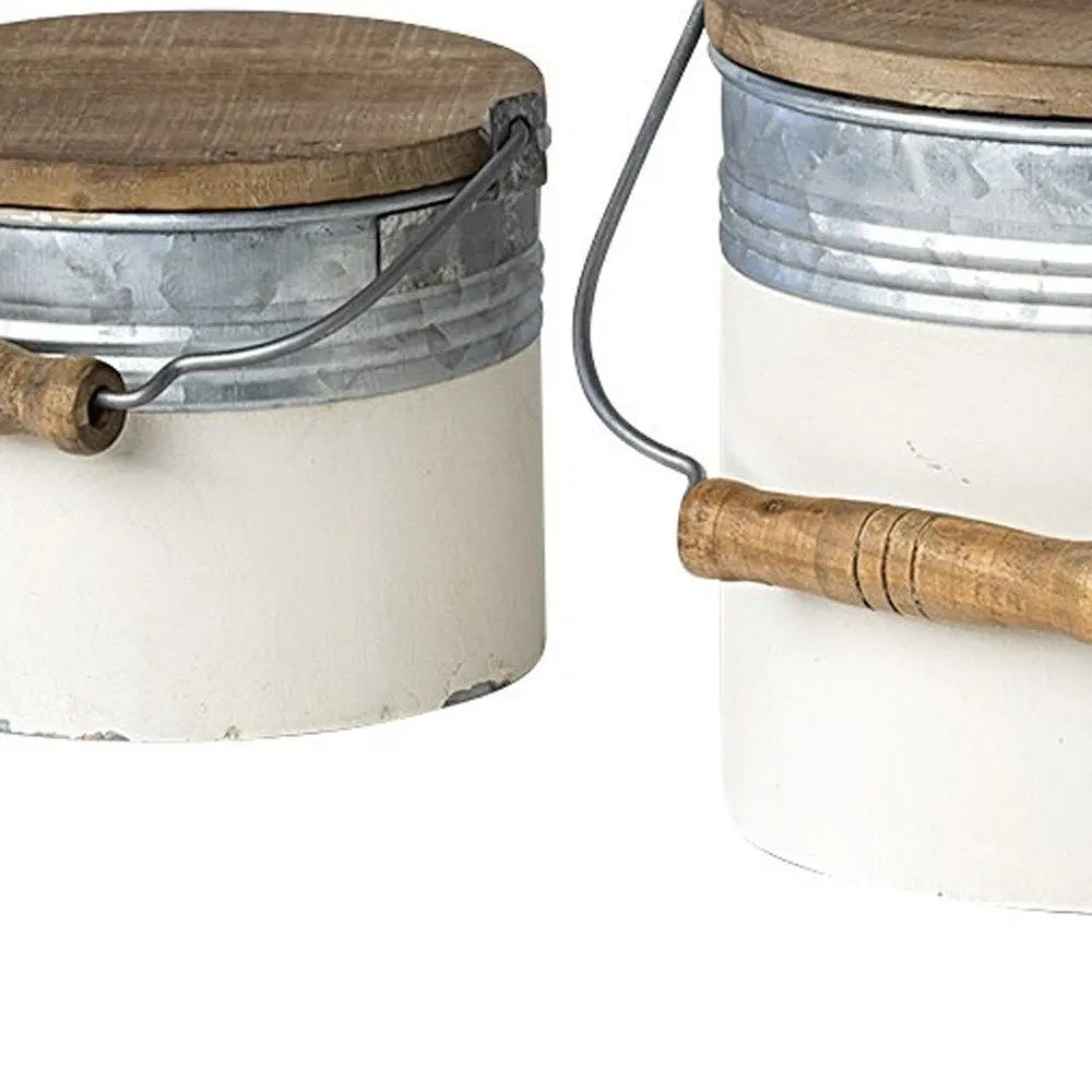 Set Of Three Rustic White Metal Storage Cans - NOBLE HOME INTERIORS