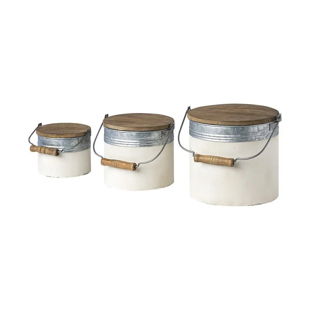 Set Of Three Rustic White Metal Storage Cans - NOBLE HOME INTERIORS