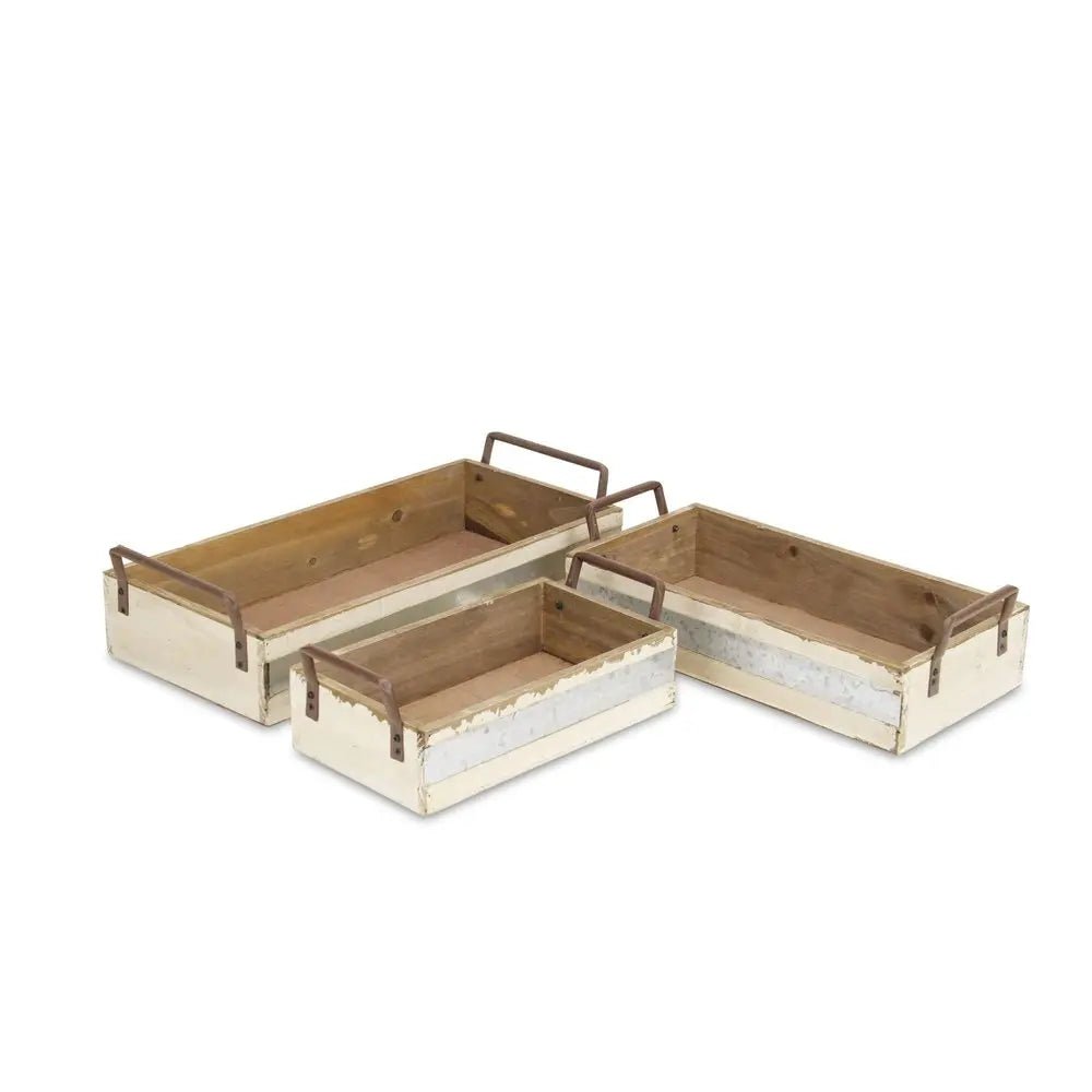 Set of Three White Solid Wood And Metal Crate - NOBLE HOME INTERIORS