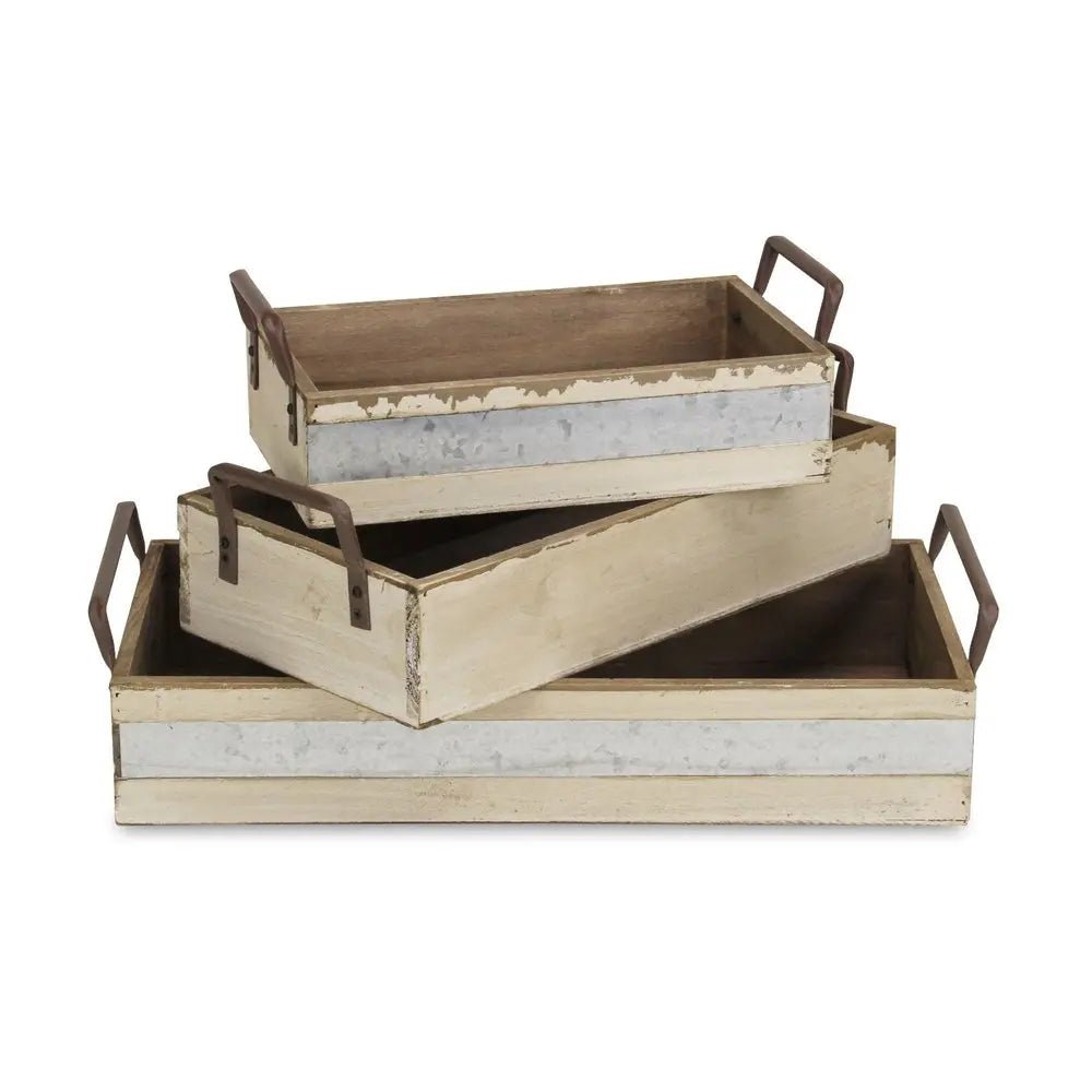 Set of Three White Solid Wood And Metal Crate - NOBLE HOME INTERIORS