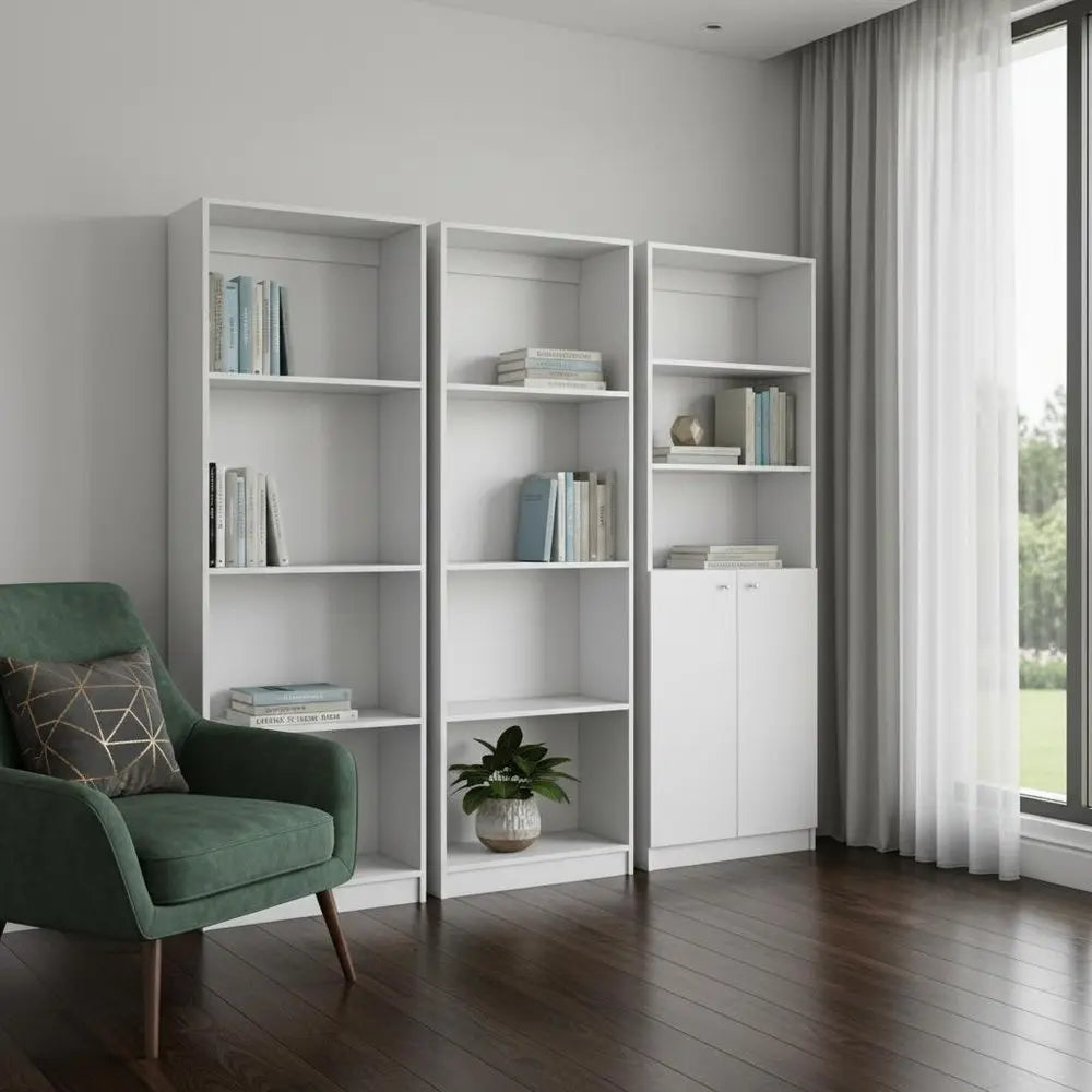 Set of Three White Wood Eleven Tier Modular Bookcase with Two Doors - NOBLE HOME INTERIORS