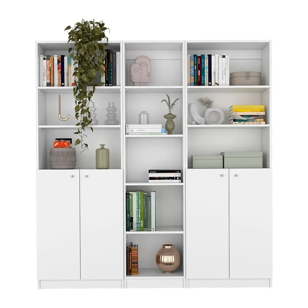 Set of Three White Wood Five Tier Modular Bookcase with Four Doors - NOBLE HOME INTERIORS