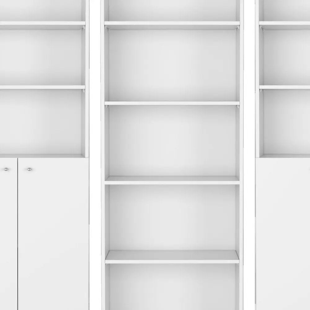 Set of Three White Wood Five Tier Modular Bookcase with Four Doors - NOBLE HOME INTERIORS