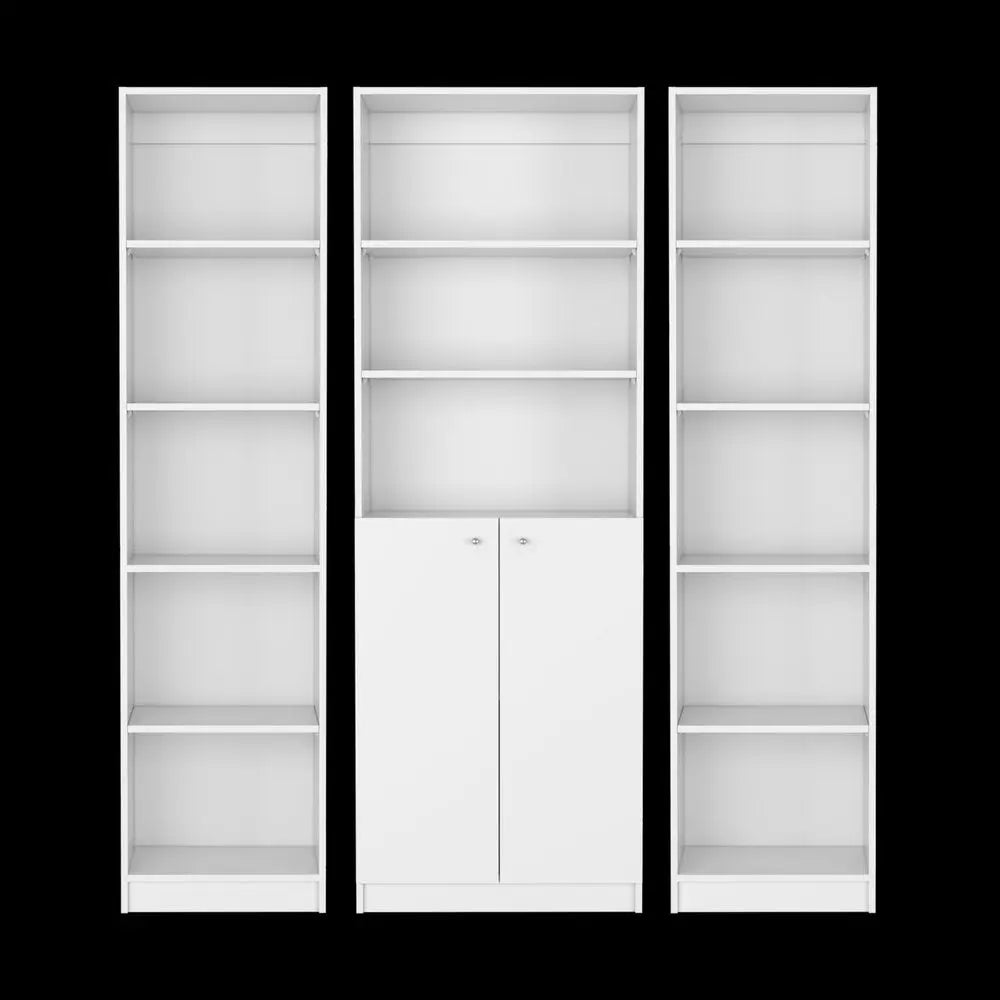 Set of Three White Wood Five Tier Modular Bookcase with Two Doors - NOBLE HOME INTERIORS