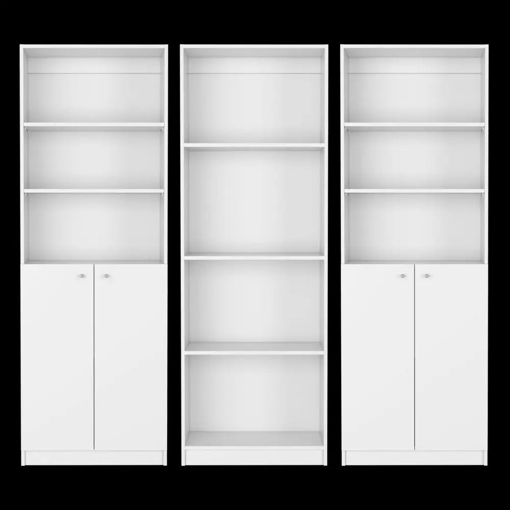 Set of Three White Wood Ten Tier Modular Bookcase with Four Doors - NOBLE HOME INTERIORS