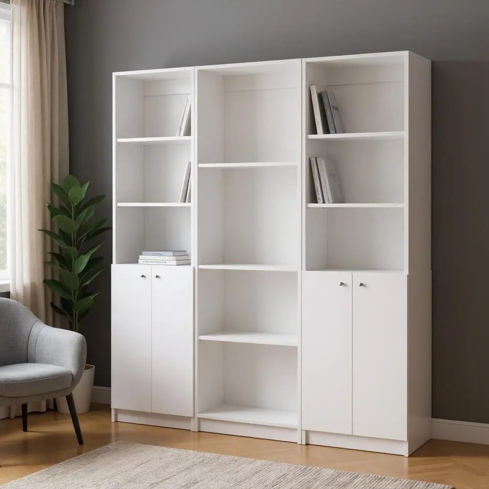 Set of Three White Wood Ten Tier Modular Bookcase with Four Doors - NOBLE HOME INTERIORS