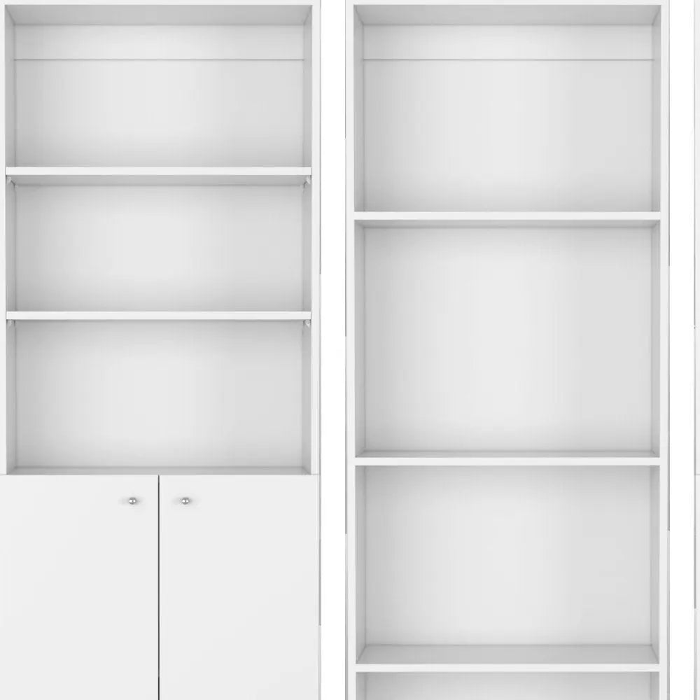 Set of Three White Wood Ten Tier Modular Bookcase with Four Doors - NOBLE HOME INTERIORS