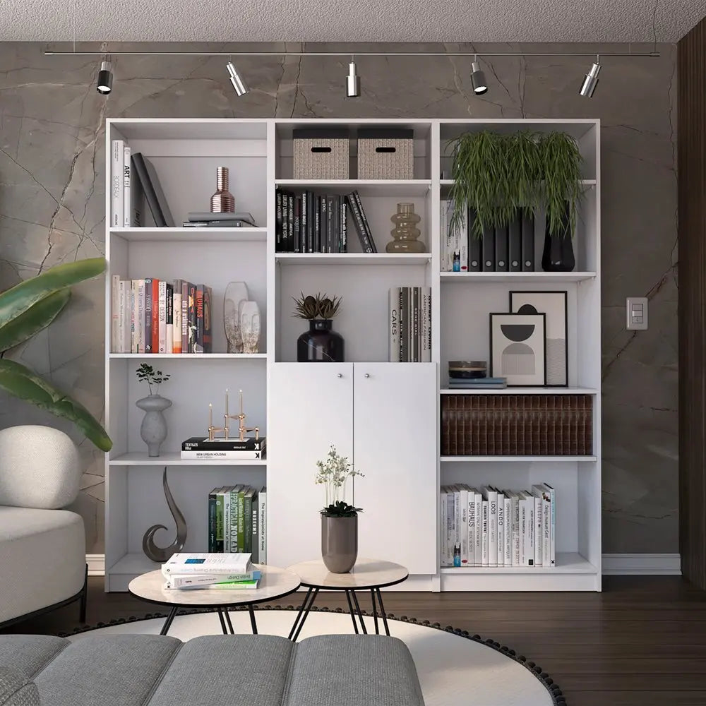 Set of Three White Wood Twelve Tier Modular Bookcase with Two Doors - NOBLE HOME INTERIORS