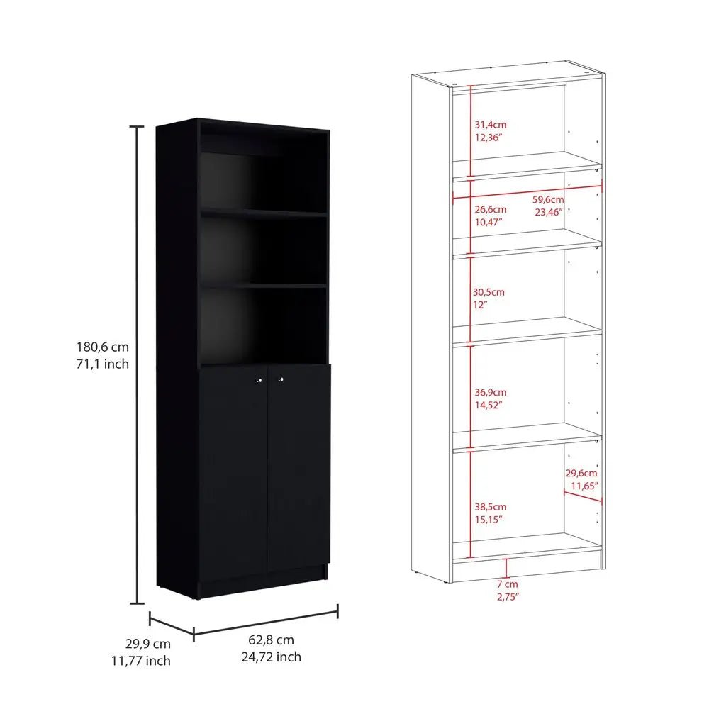 Set of Two 71" Black Five Tier Bookcase With Two Doors - NOBLE HOME INTERIORS