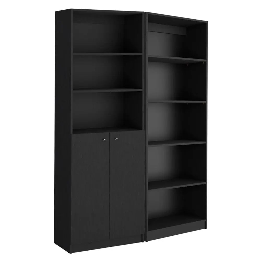 Set of Two 71" Black Five Tier Bookcase With Two Doors - NOBLE HOME INTERIORS