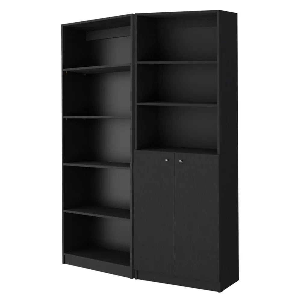 Set of Two 71" Black Five Tier Bookcase With Two Doors - NOBLE HOME INTERIORS