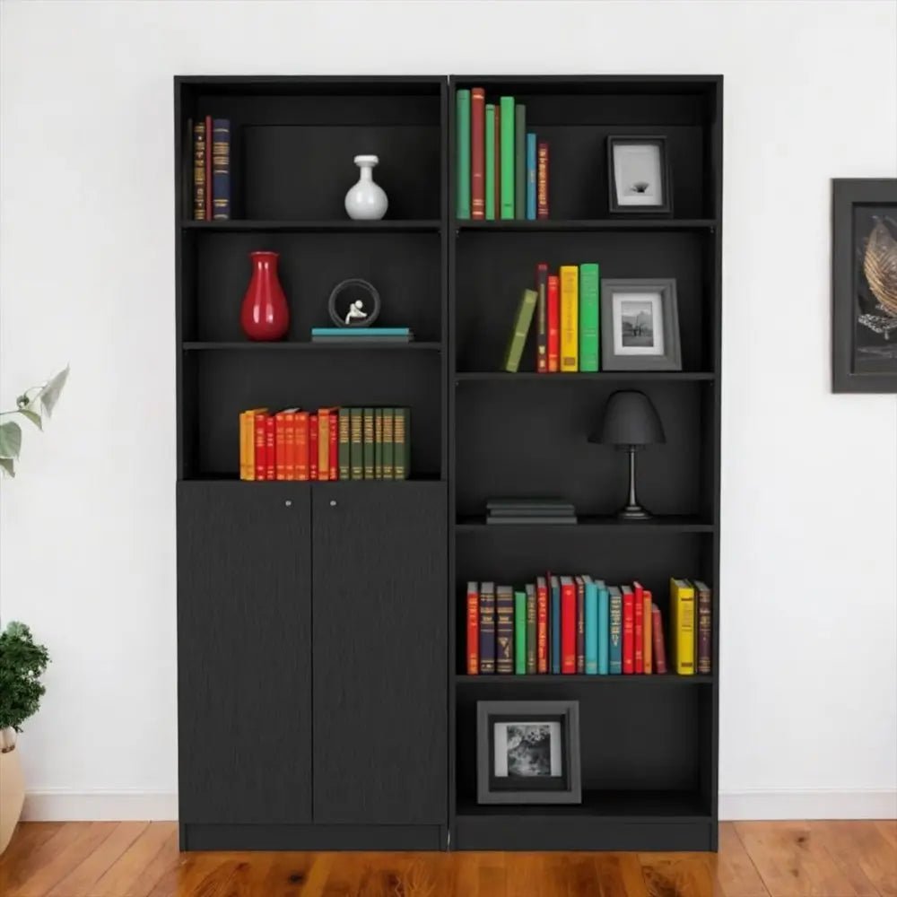 Set of Two 71" Black Five Tier Bookcase With Two Doors - NOBLE HOME INTERIORS