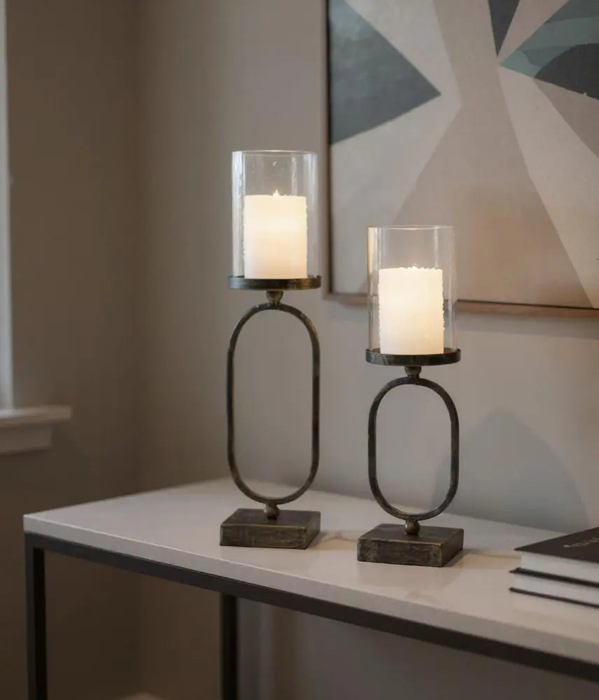 Set of Two Antiqued Bronze Geometric Glass And Metal Tabletop Hurricane Candle Holders - NOBLE HOME INTERIORS