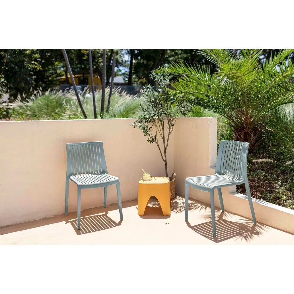 Set of Two Baby Blue Heavy Duty Plastic Outdoor Stacking Accent Chairs - NOBLE HOME INTERIORS