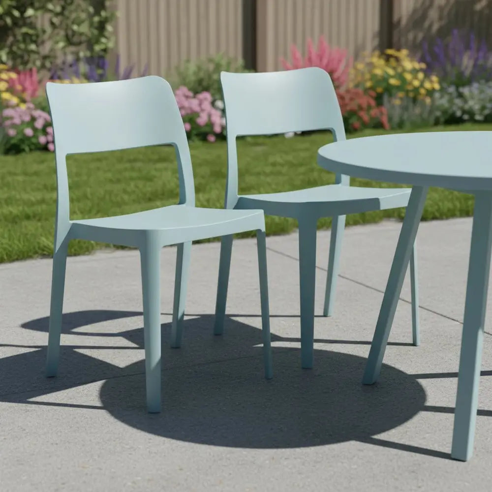 Set of Two Baby Blue Heavy Duty Plastic Outdoor Stacking Accent Chairs - NOBLE HOME INTERIORS