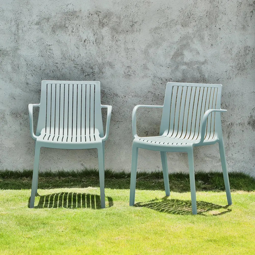 Set of Two Baby Blue Heavy Duty Plastic Outdoor Stacking Arm Chairs - NOBLE HOME INTERIORS
