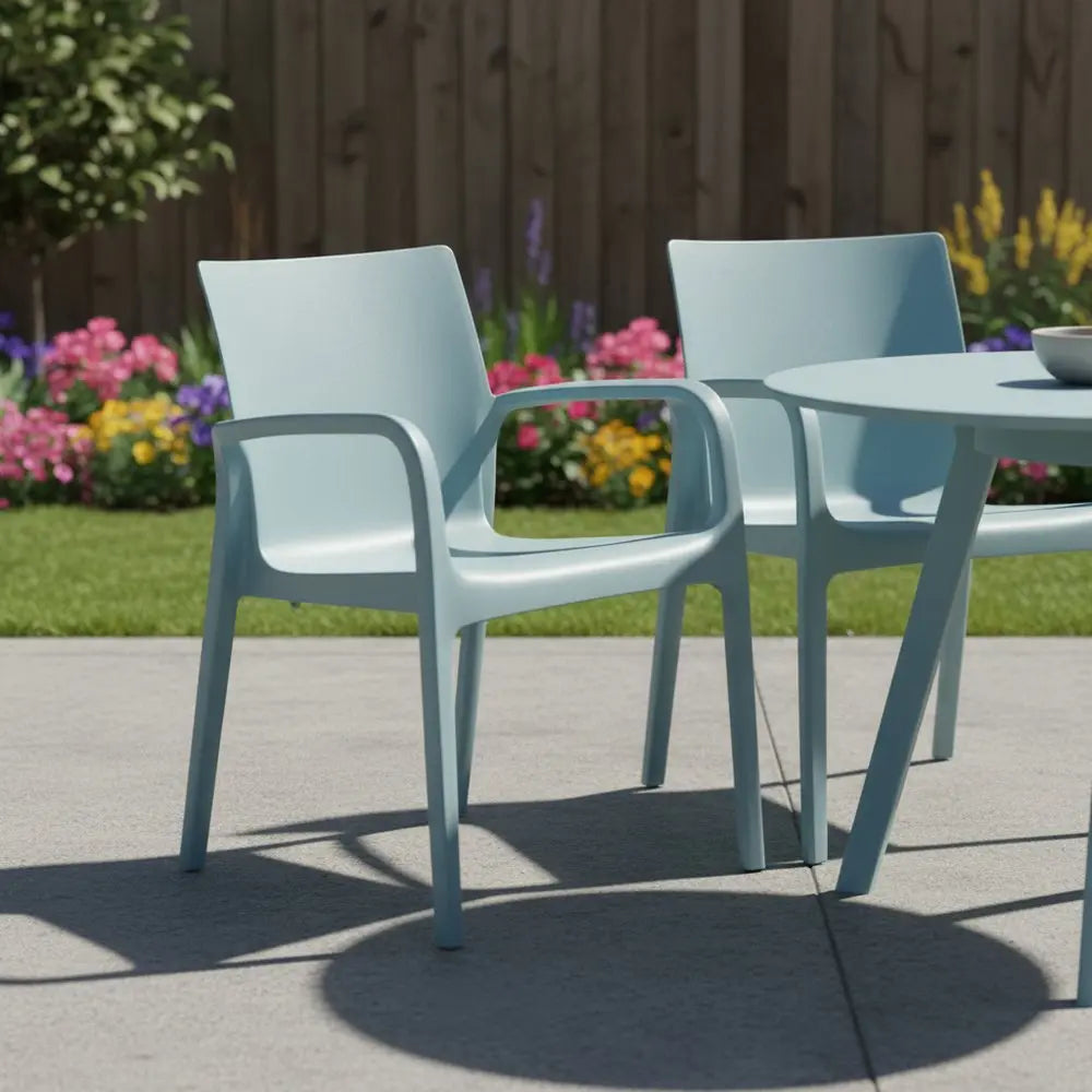 Set of Two Baby Blue Heavy Duty Plastic Outdoor Stacking Dining Chairs - NOBLE HOME INTERIORS