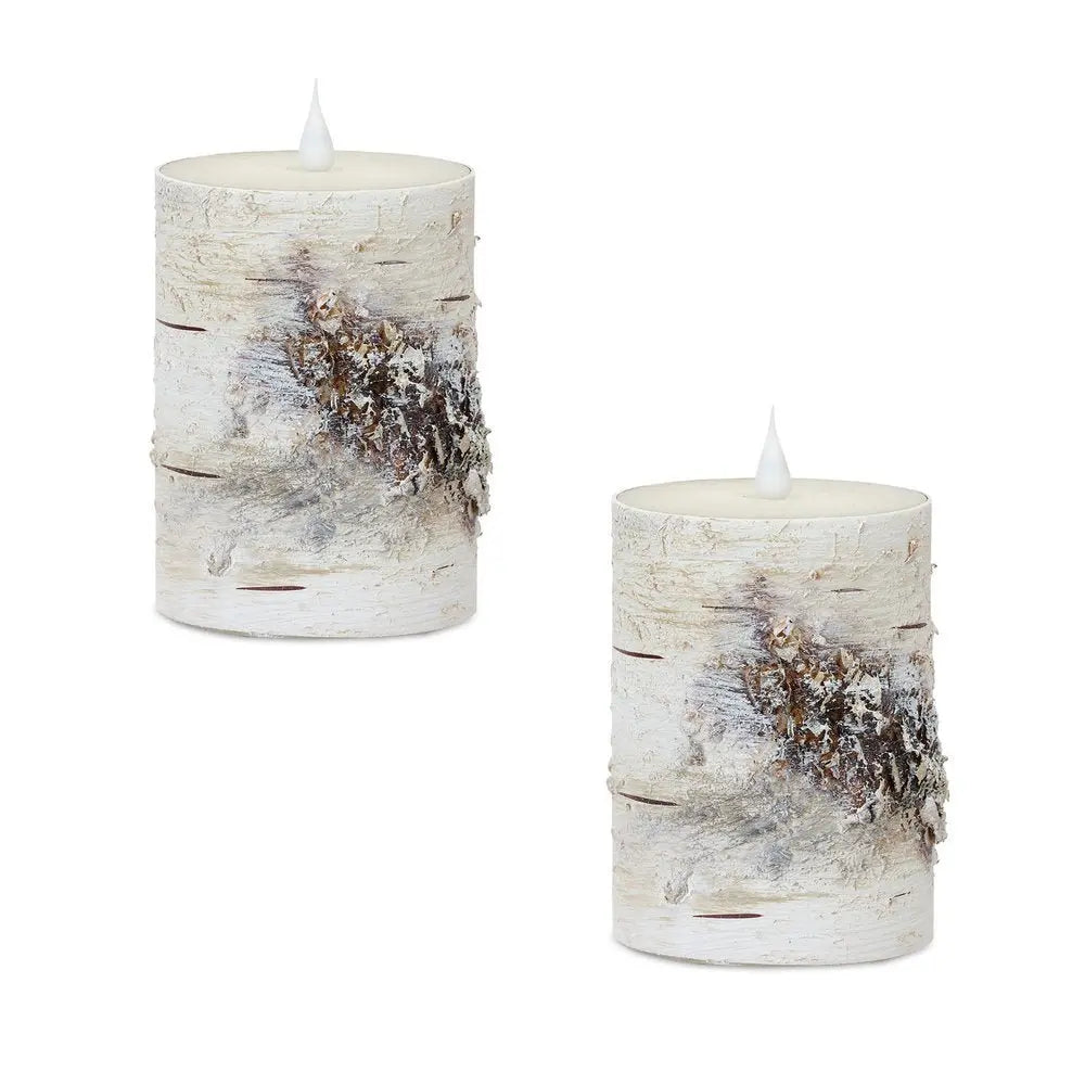 Set of Two Beige and Ivory Faux Birchwood Flameless Pillar Candle - NOBLE HOME INTERIORS