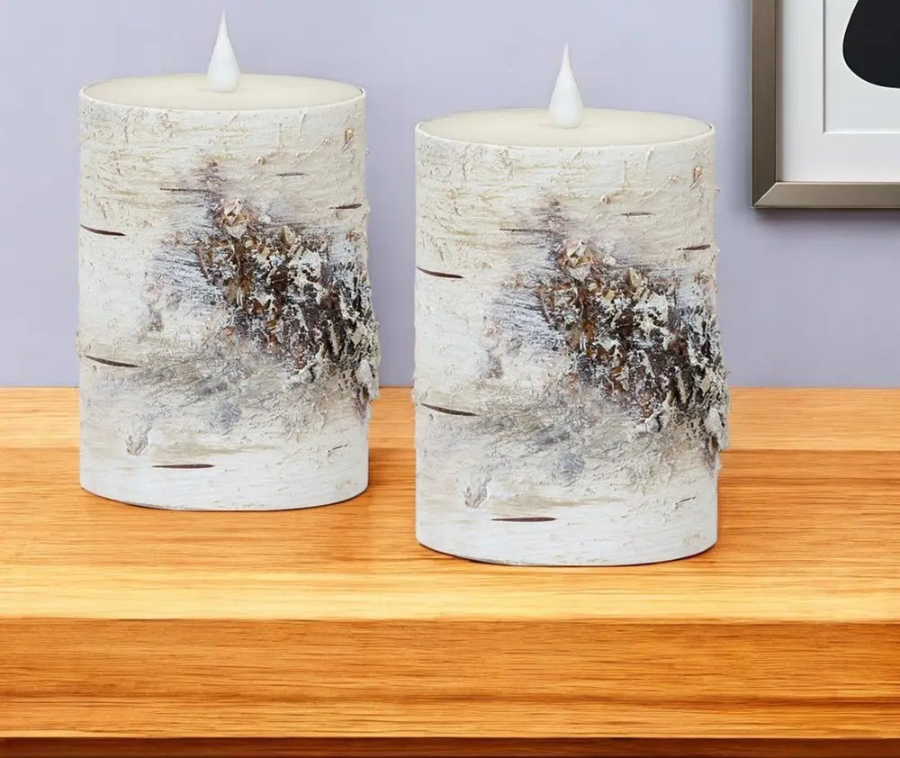 Set of Two Beige and Ivory Faux Birchwood Flameless Pillar Candle - NOBLE HOME INTERIORS