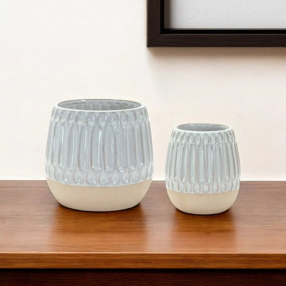 Set of Two Beige and White Ribbed Round Porcelain Table Vase - NOBLE HOME INTERIORS