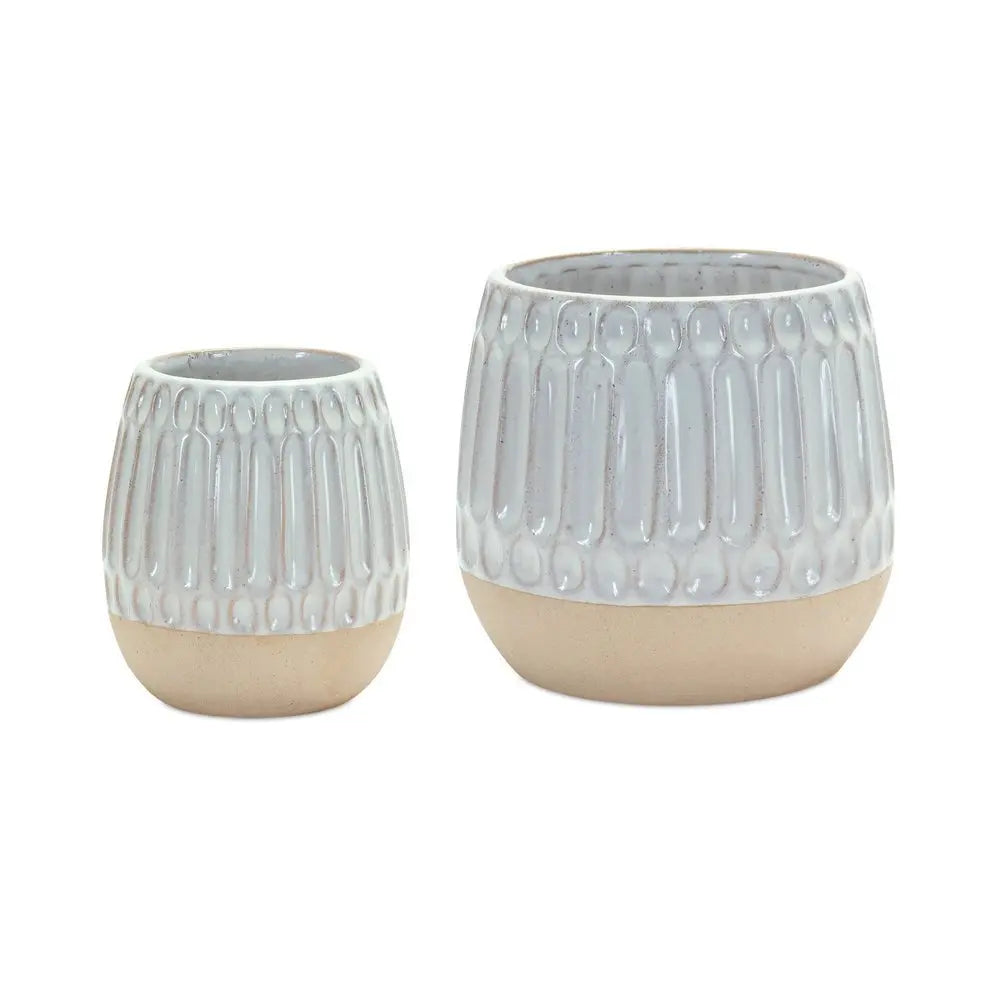 Set of Two Beige and White Ribbed Round Porcelain Table Vase - NOBLE HOME INTERIORS