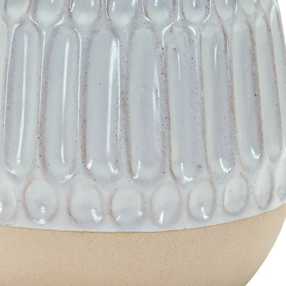 Set of Two Beige and White Ribbed Round Porcelain Table Vase - NOBLE HOME INTERIORS